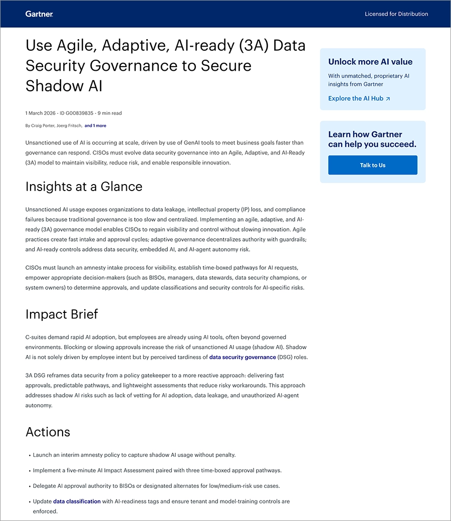 Cover of the Gartner report, Use Agile, Adaptive, AI-Ready (3A) Data Security Governance to Secure Shadow AI